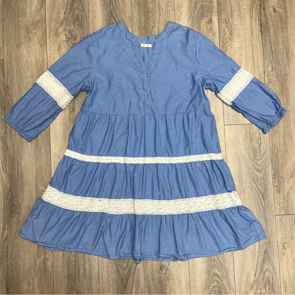 Linda Anderson Denim Lace Crochet Detail Stripe Tiered Chambray Dress XL